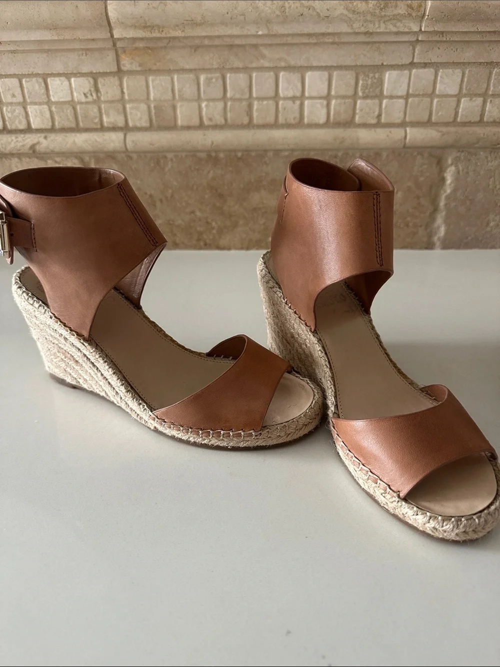 Vince Camuto Tan Leather Wedge Espadrille Sandals with Ankle Buckle